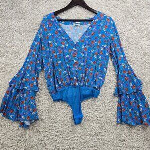 Intimately Free People Womens Bodysuit Small Blue Flowers Boho